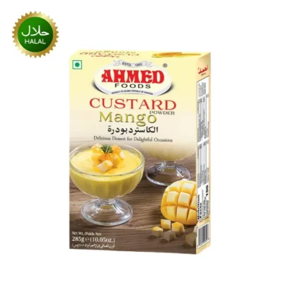 Ahmed Mango Custard Powder 285g pack used for making creamy mango flavored dessert in bowl