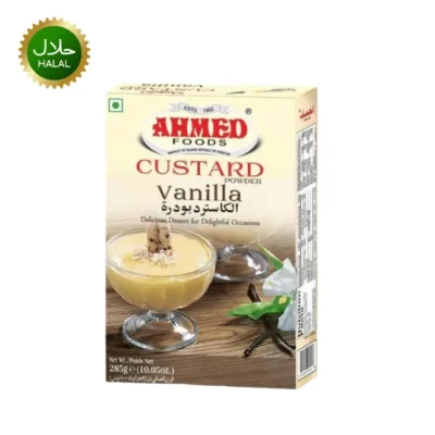 Ahmed Vanilla Custard 285g powder used for making creamy vanilla flavored dessert in bowl
