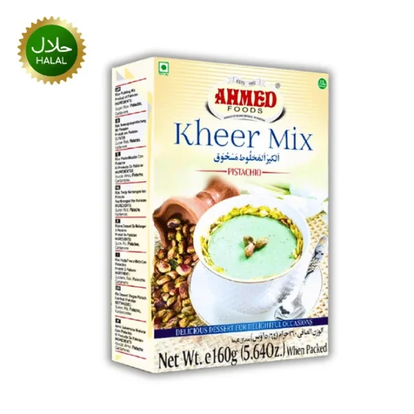 Ahmed Pistachio Kheer Mix 160g pack used for making creamy pistachio flavored traditional dessert in bowl