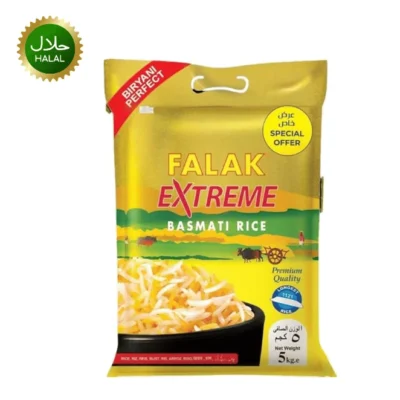 Falak Basmati Rice 5kg premium long grain aromatic rice pack for biryani, pulao and daily cooking use