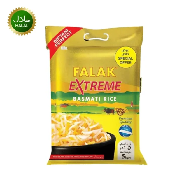 Falak Basmati Rice 5kg premium long grain aromatic rice pack for biryani, pulao and daily cooking use