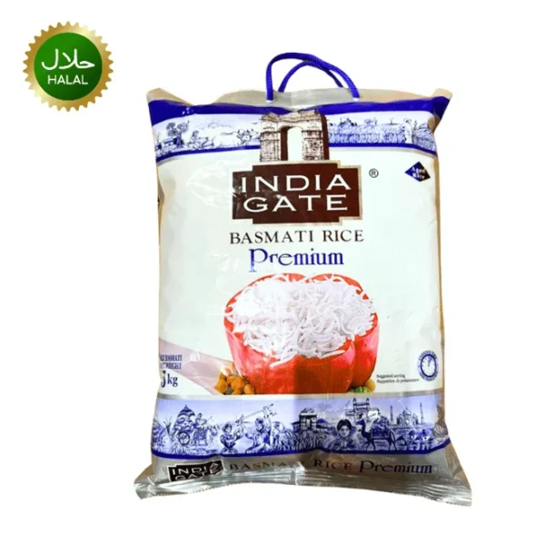 Premium Basmati India Gate 5kg long grain aromatic rice bag for biryani and cooking