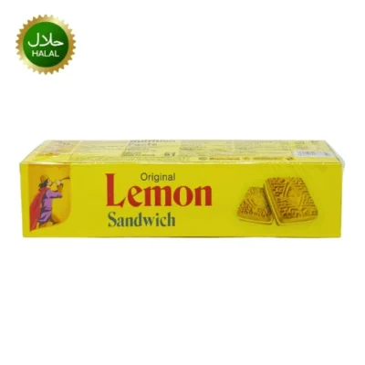 Original Lemon Sandwich Biscuit with creamy lemon filling stacked ready for tea time snack