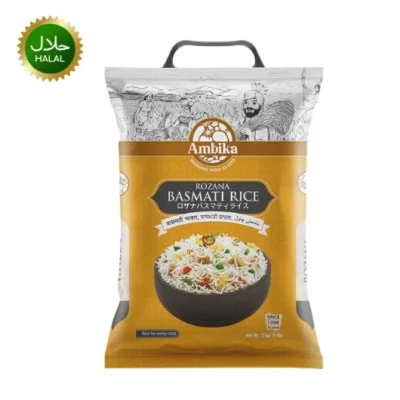 Rozana Basmati Rice 5kg Ambika premium long grain rice pack for biryani, pulao and daily cooking use