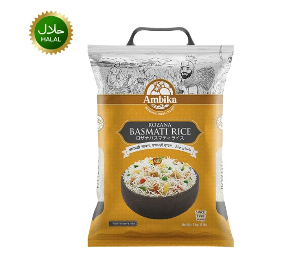 Rozana Basmati Rice 5kg Ambika premium long grain rice pack for biryani, pulao and daily cooking use