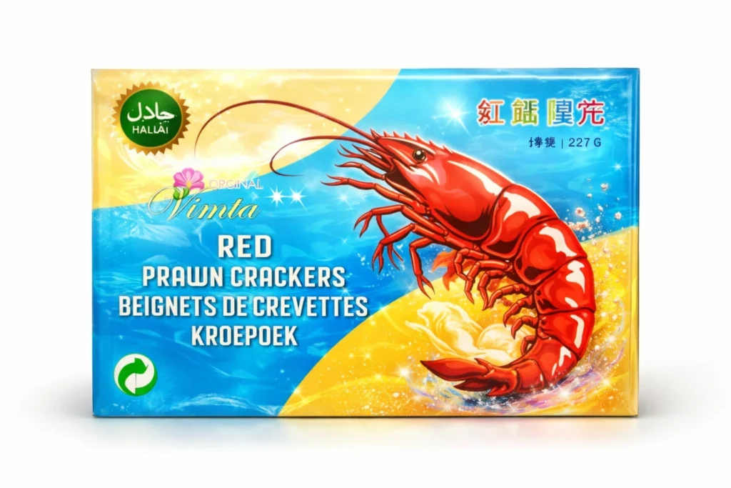 Kewra Red Prawn Crackers 227g box with Halal logo, featuring a large red prawn illustration on the front