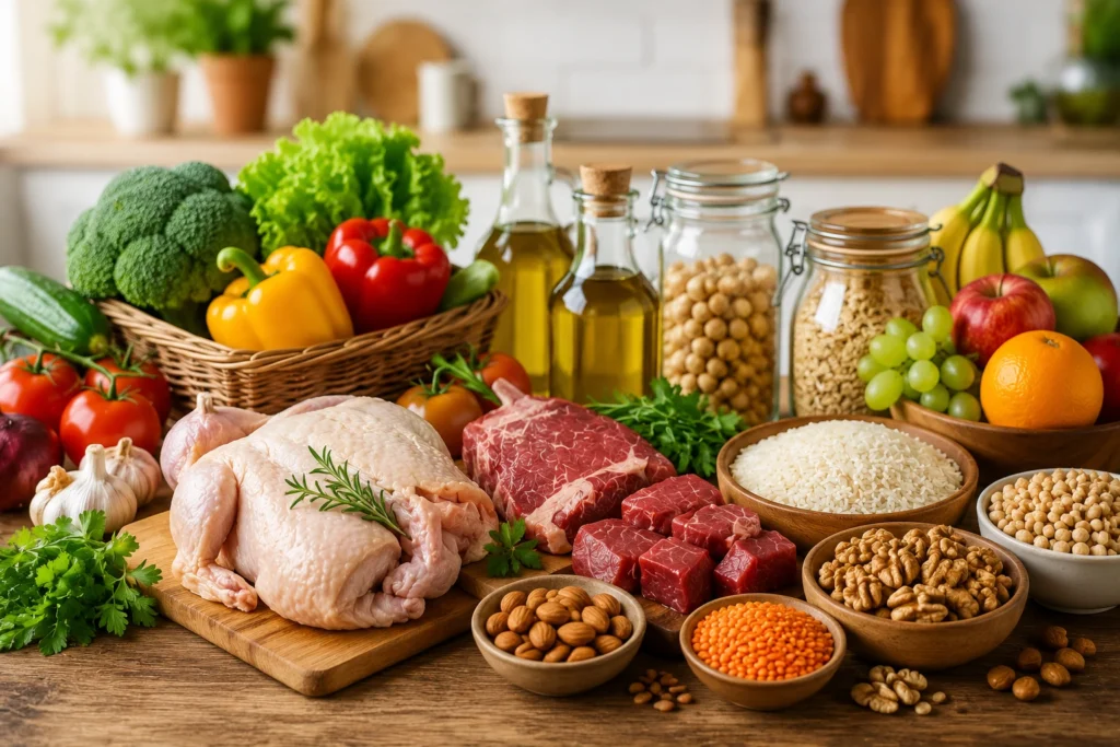 Healthy halal foods with fresh meat vegetables rice and family grocery products