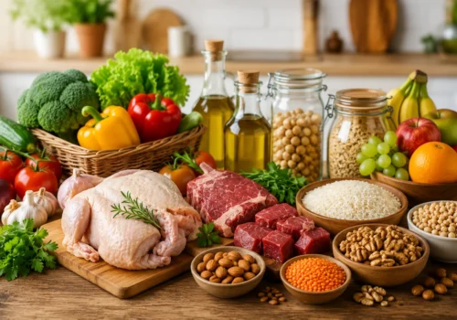 Healthy halal foods with fresh meat vegetables rice and family grocery products