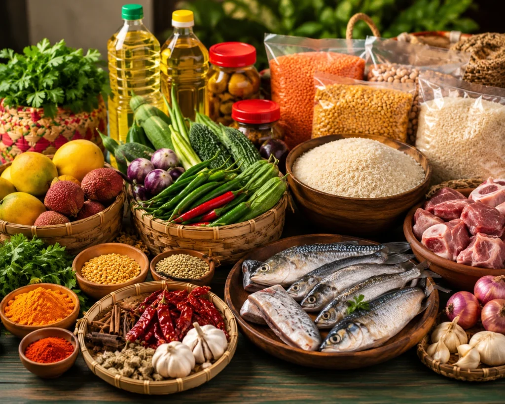 Authentic Bangladeshi foods including rice, fish, spices, vegetables, snacks, and halal groceries at AA Halal Foods Japan