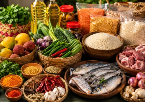 Authentic Bangladeshi foods including rice, fish, spices, vegetables, snacks, and halal groceries at AA Halal Foods Japan