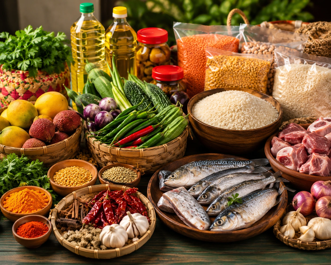 Authentic Bangladeshi foods including rice, fish, spices, vegetables, snacks, and halal groceries at AA Halal Foods Japan