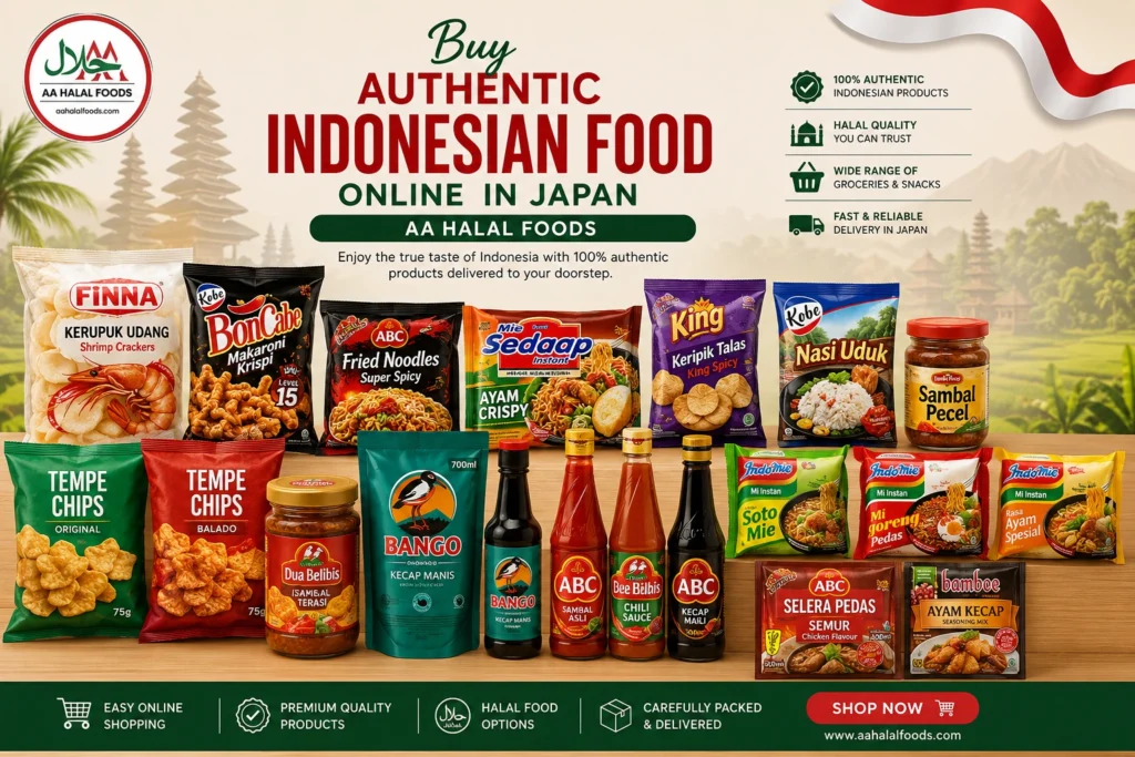 Authentic Indonesian food products online in Japan at AA Halal Foods including snacks, noodles, sauces, and halal groceries.