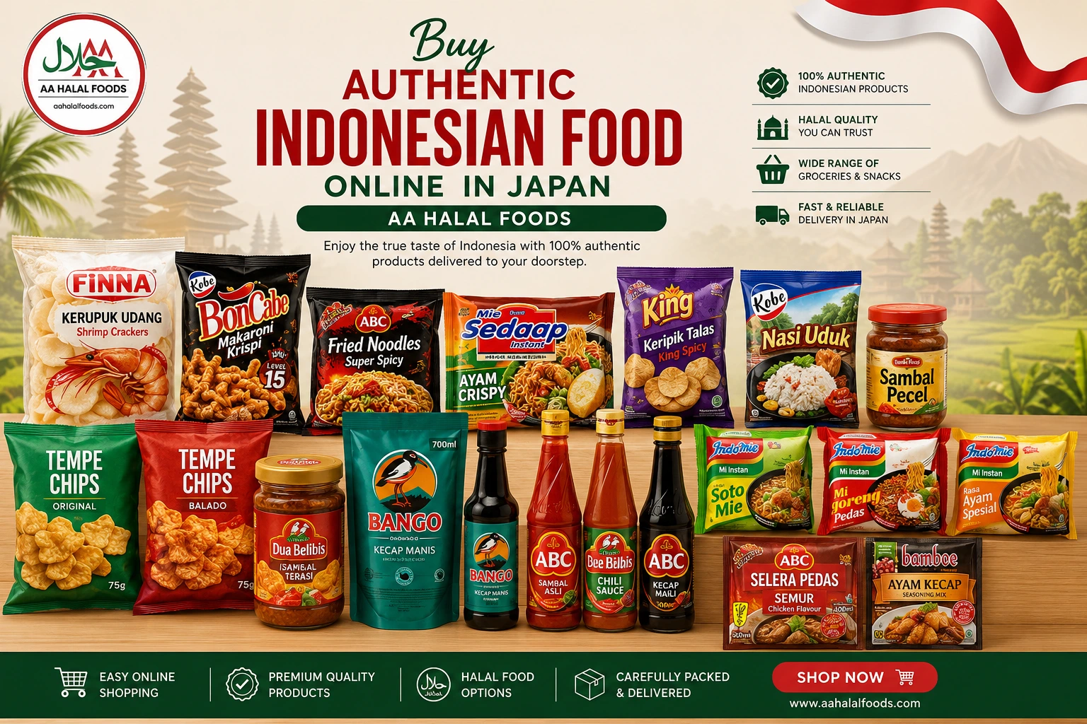 Authentic Indonesian food products online in Japan at AA Halal Foods including snacks, noodles, sauces, and halal groceries.