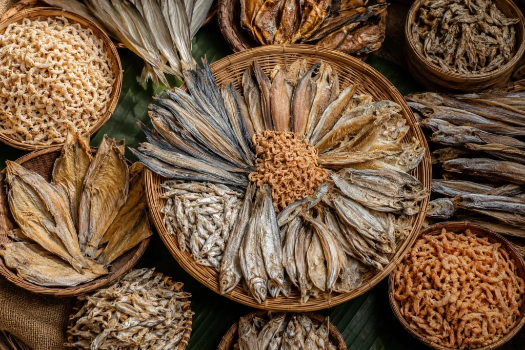 Assorted dry fish (shutki) displayed on a clean plate with natural lighting