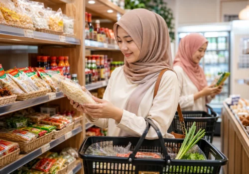 Authentic Indonesian foods including Indomie noodles, ABC sauce, tempe chips, fish balls, and frozen vegetables at AA Halal Foods Japan