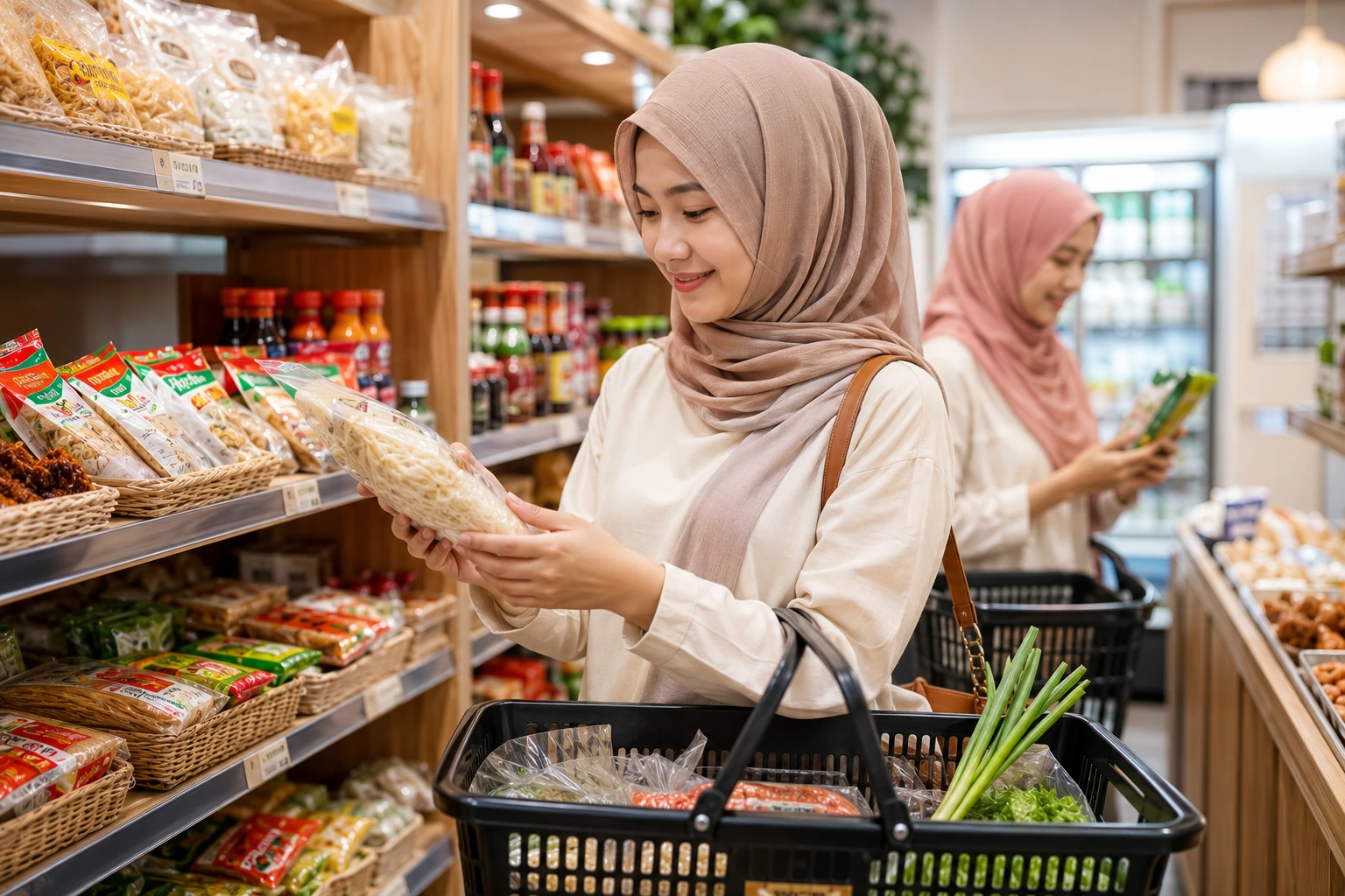 Authentic Indonesian foods including Indomie noodles, ABC sauce, tempe chips, fish balls, and frozen vegetables at AA Halal Foods Japan