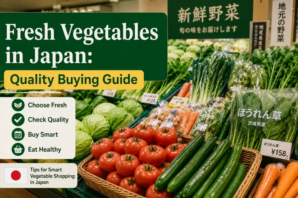 Fresh vegetables in Japan supermarket display with high-quality produce selection