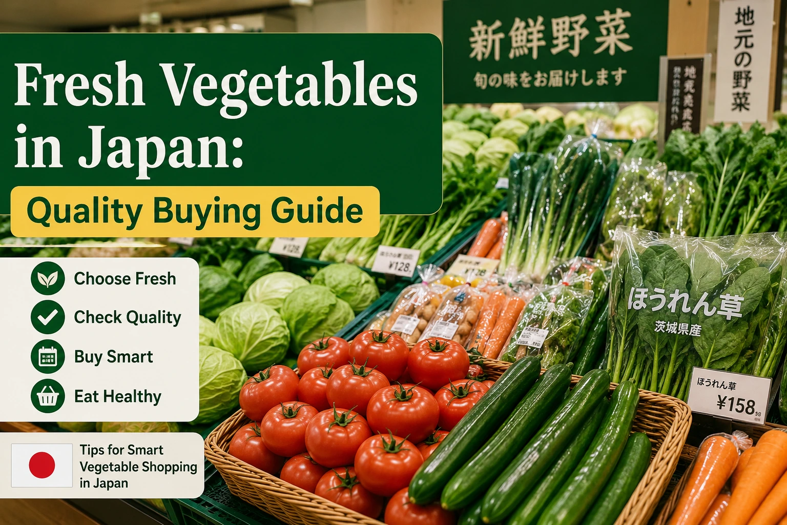 Fresh vegetables in Japan supermarket display with high-quality produce selection