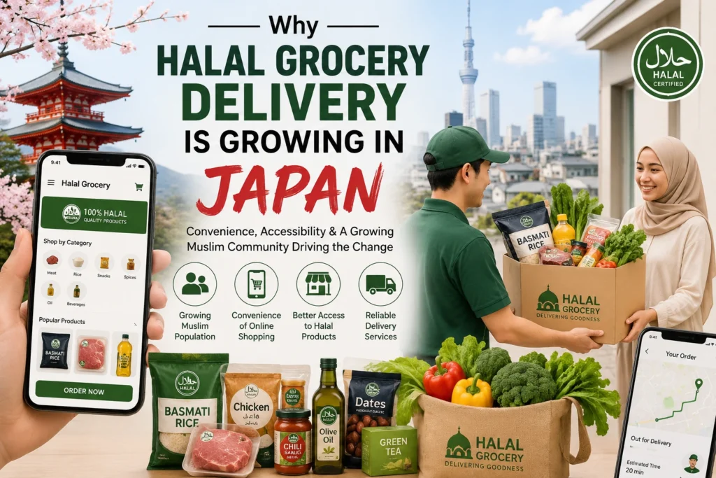 Online halal grocery delivery in Japan showing packaged halal food products and fresh groceries for Muslim consumers ordering online