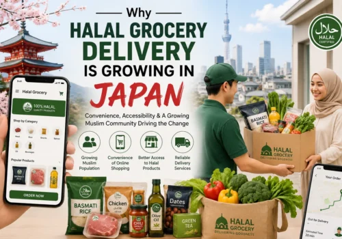 Online halal grocery delivery in Japan showing packaged halal food products and fresh groceries for Muslim consumers ordering online