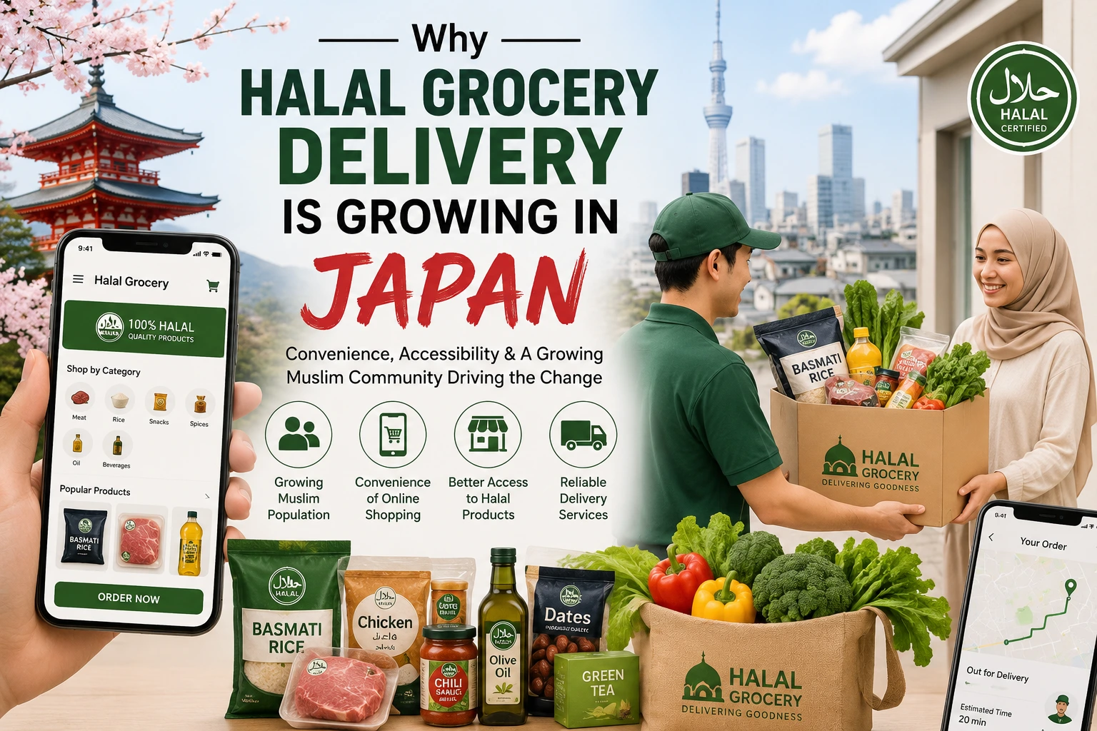 Online halal grocery delivery in Japan showing packaged halal food products and fresh groceries for Muslim consumers ordering online