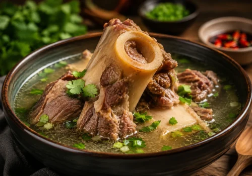 Beef bone soup simmered in a nutritious broth with herbs