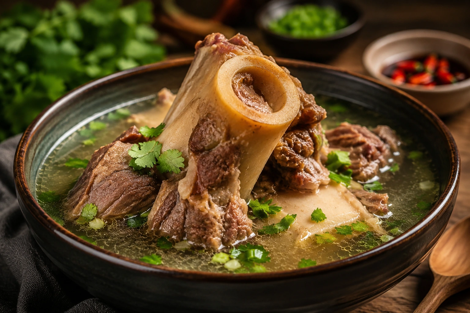 Beef bone soup simmered in a nutritious broth with herbs