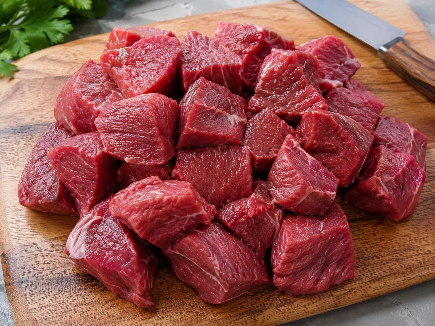 Raw halal boneless beef cubes for curry cooking