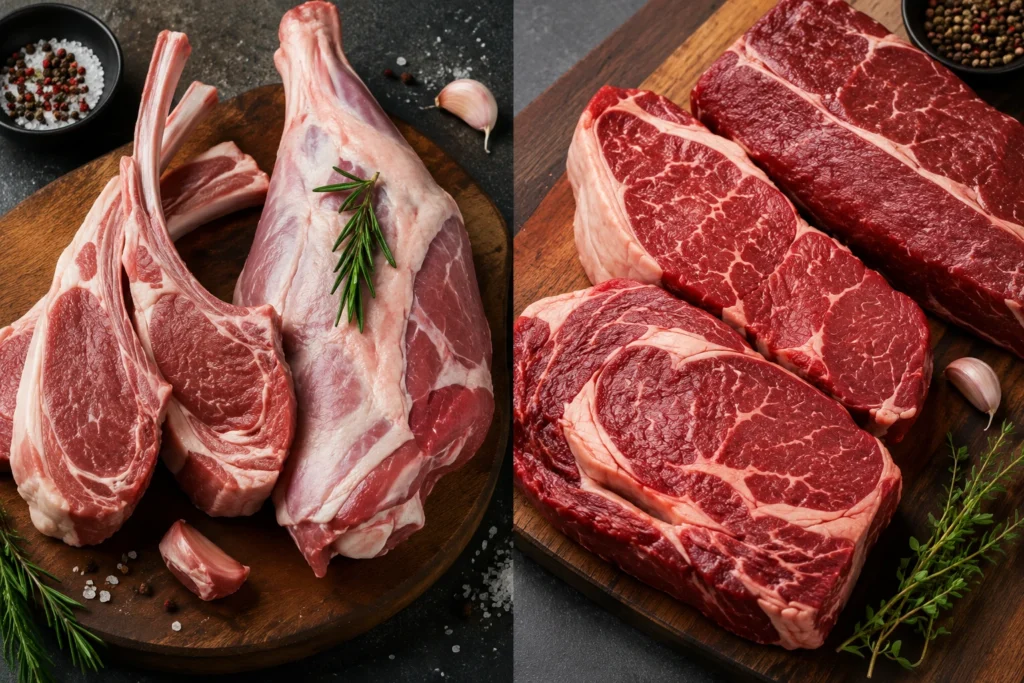 Grilled lamb and beef steak served on a wooden plate for comparison