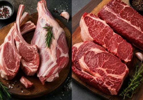 Grilled lamb and beef steak served on a wooden plate for comparison