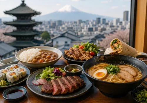 Muslim-friendly halal food options in Japan including ramen, sushi, and wagyu served in Tokyo restaurant setting