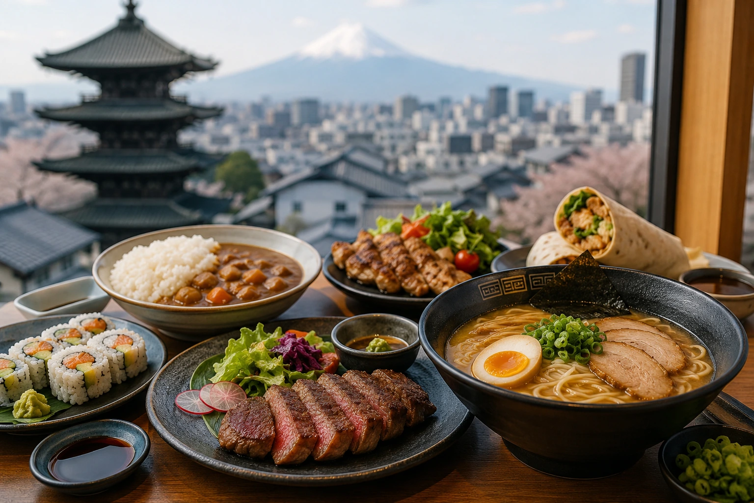 Muslim-friendly halal food options in Japan including ramen, sushi, and wagyu served in Tokyo restaurant setting